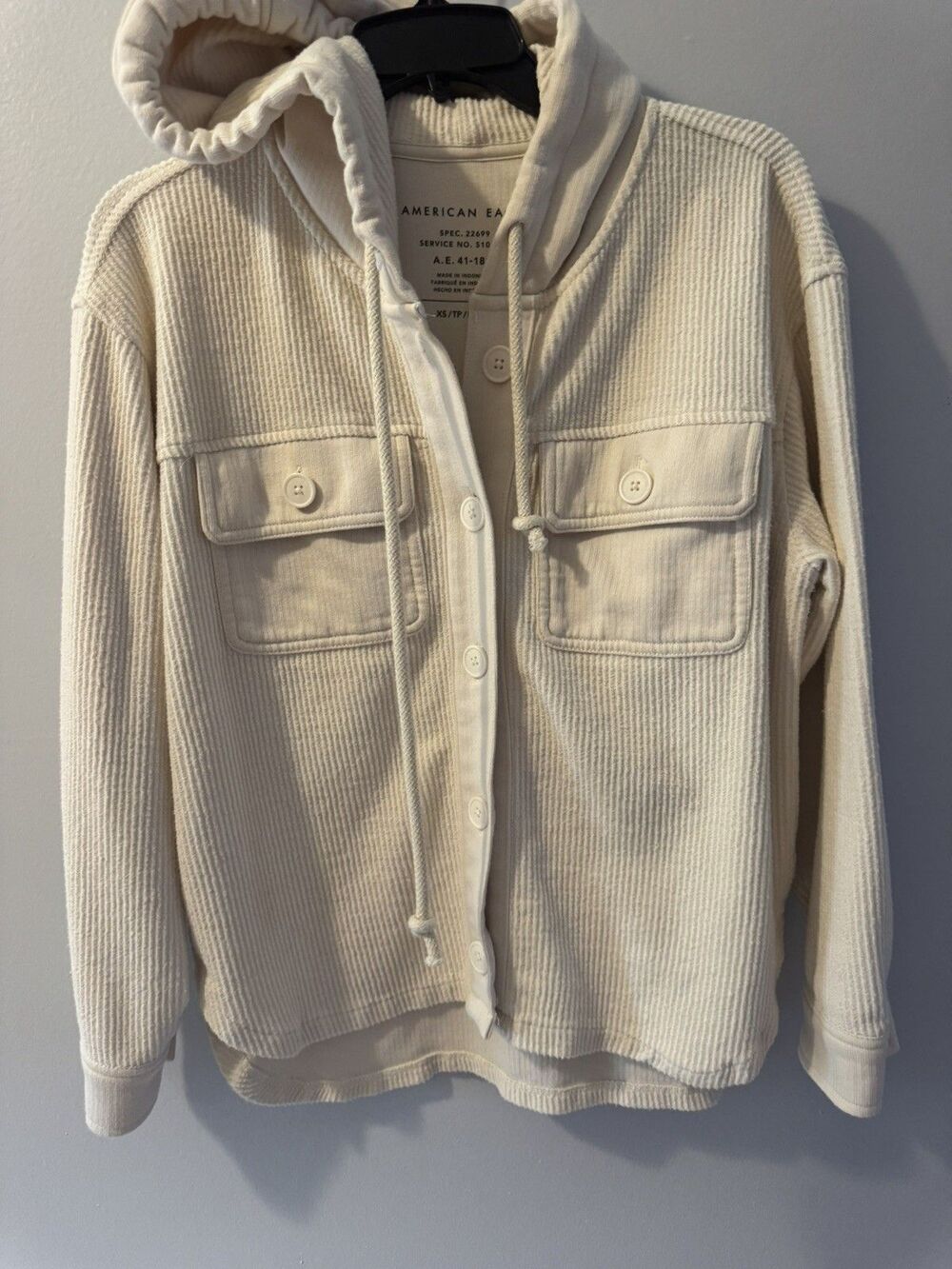 American Eagle Outfitters Women’s Waffle Knit Hooded Shirt Jacket Shacket in Ivo